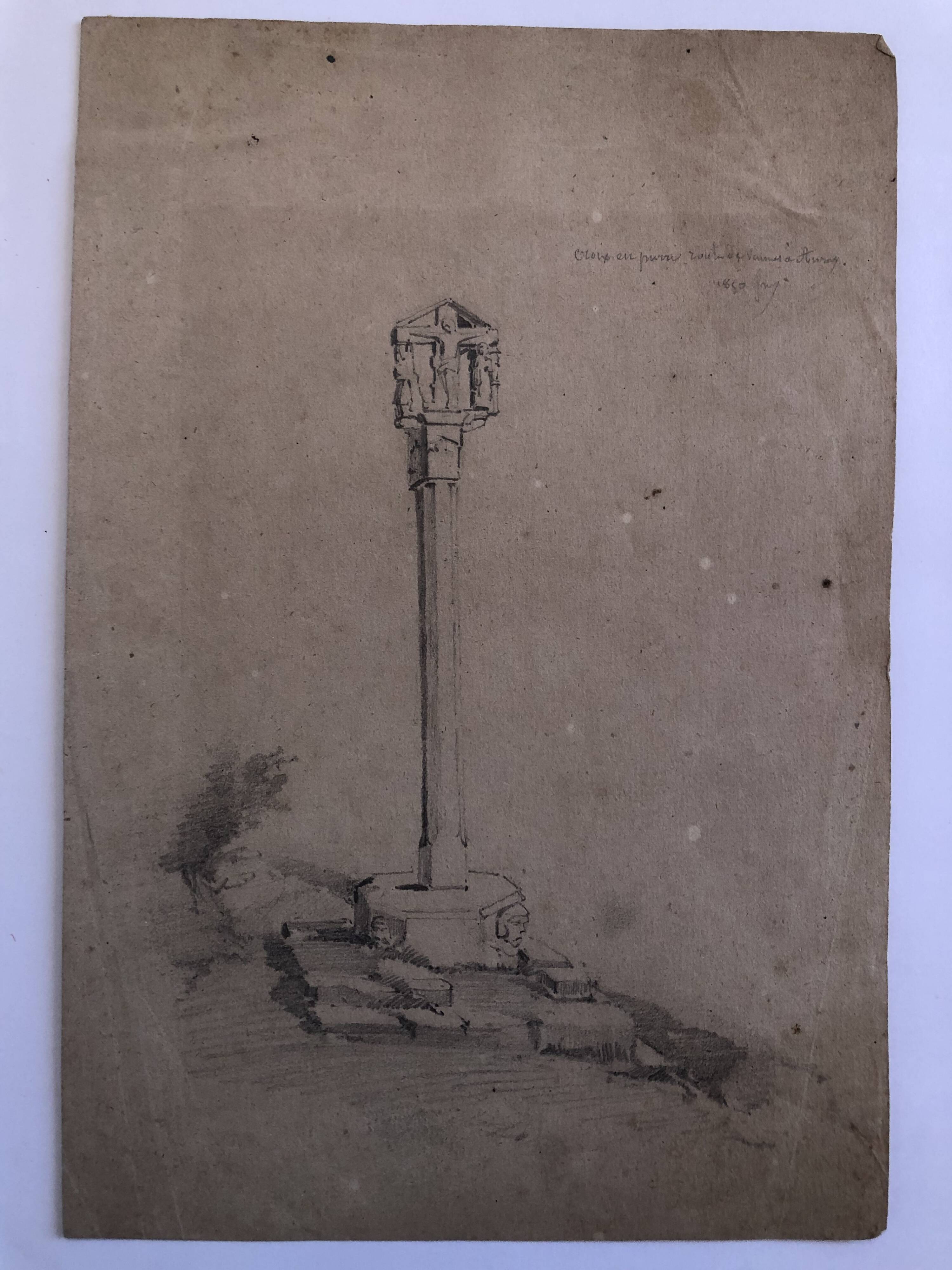 Drawing 1850 pencil croix de st fiacre in auray morbihan brittany 56, signed fm ferdinand moutier
