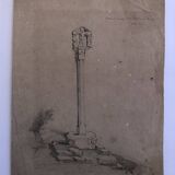 Dessin 1850 crayon croix de st fiacre à auray morbihan bretagne 56, signé f.m. ferdinand moutier
