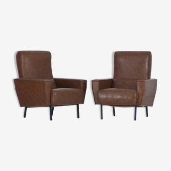 Pair of armchairs Skaï vintage brown An 60