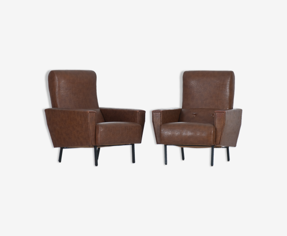 Paire de fauteuils skaï marron vintage an 60