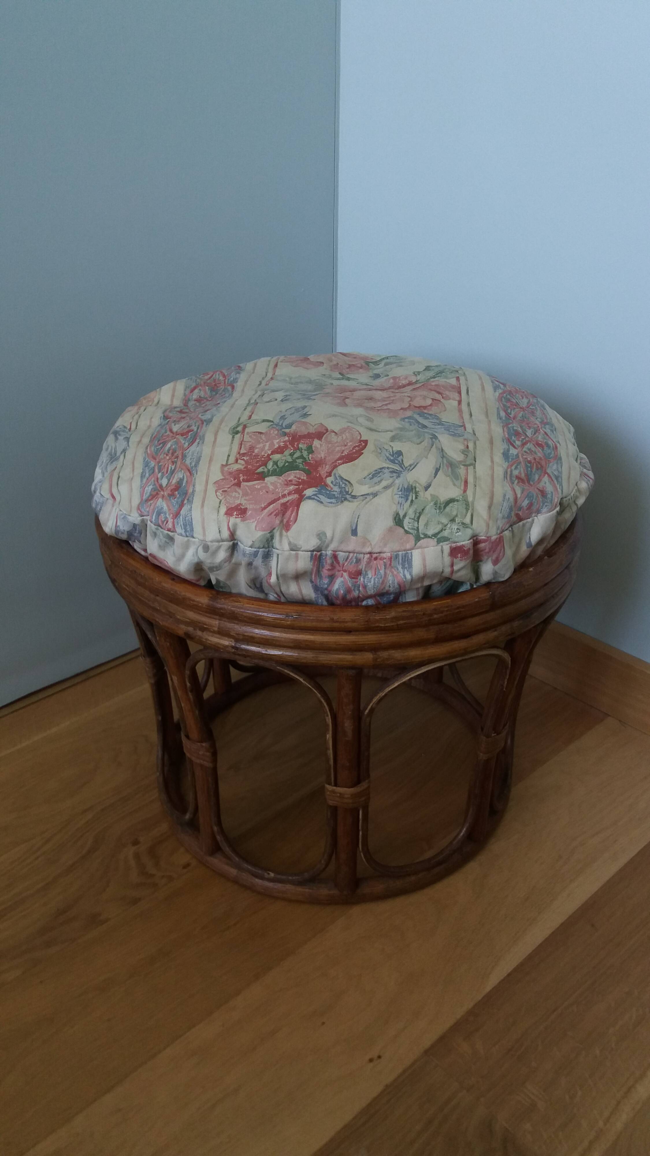 Rattan wicker pouffe from the 70s with cushion.
