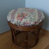 Rattan wicker pouffe from the 70s with cushion.