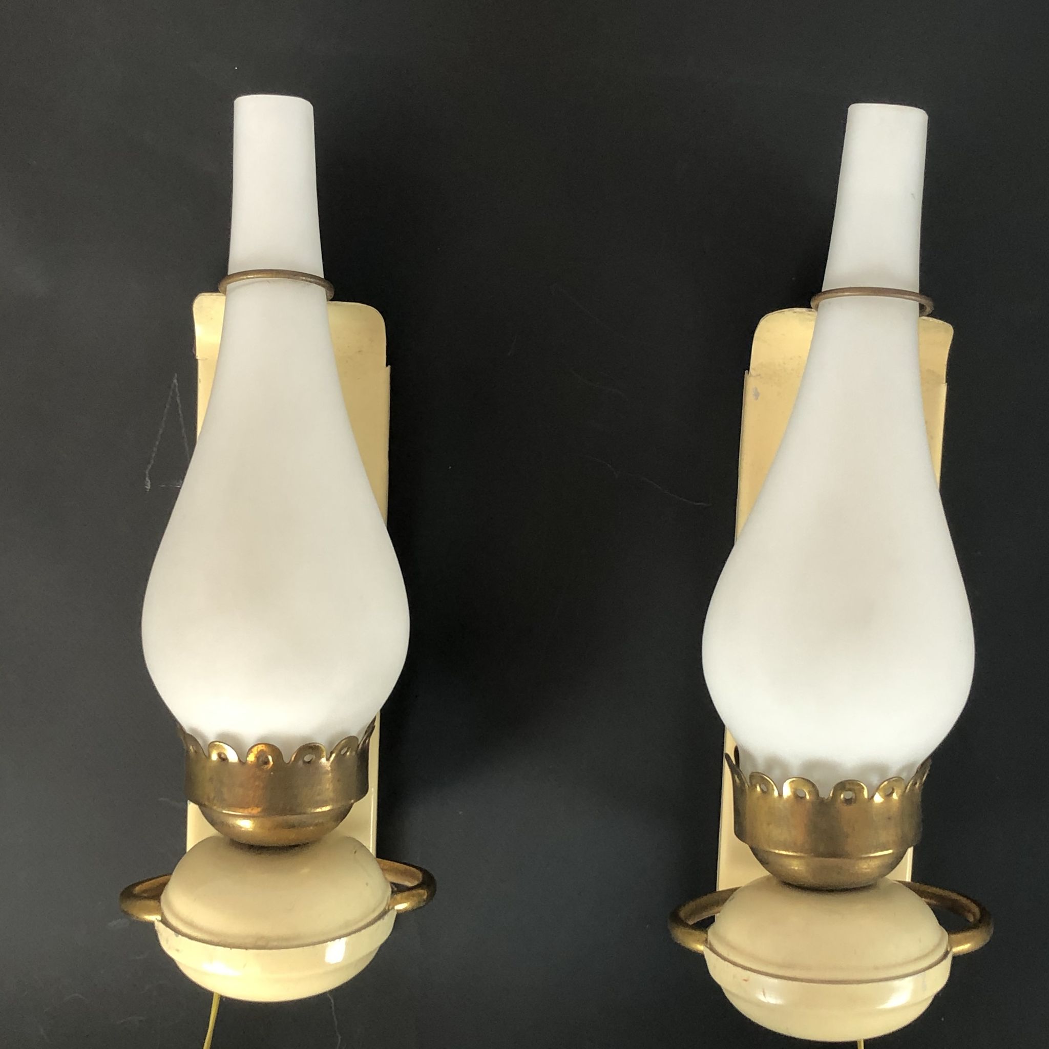 Vintage Italian brass, lacquer and opaline glass sconces from 50s. Set of two