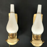 Vintage Italian brass, lacquer and opaline glass sconces from 50s. Set of two
