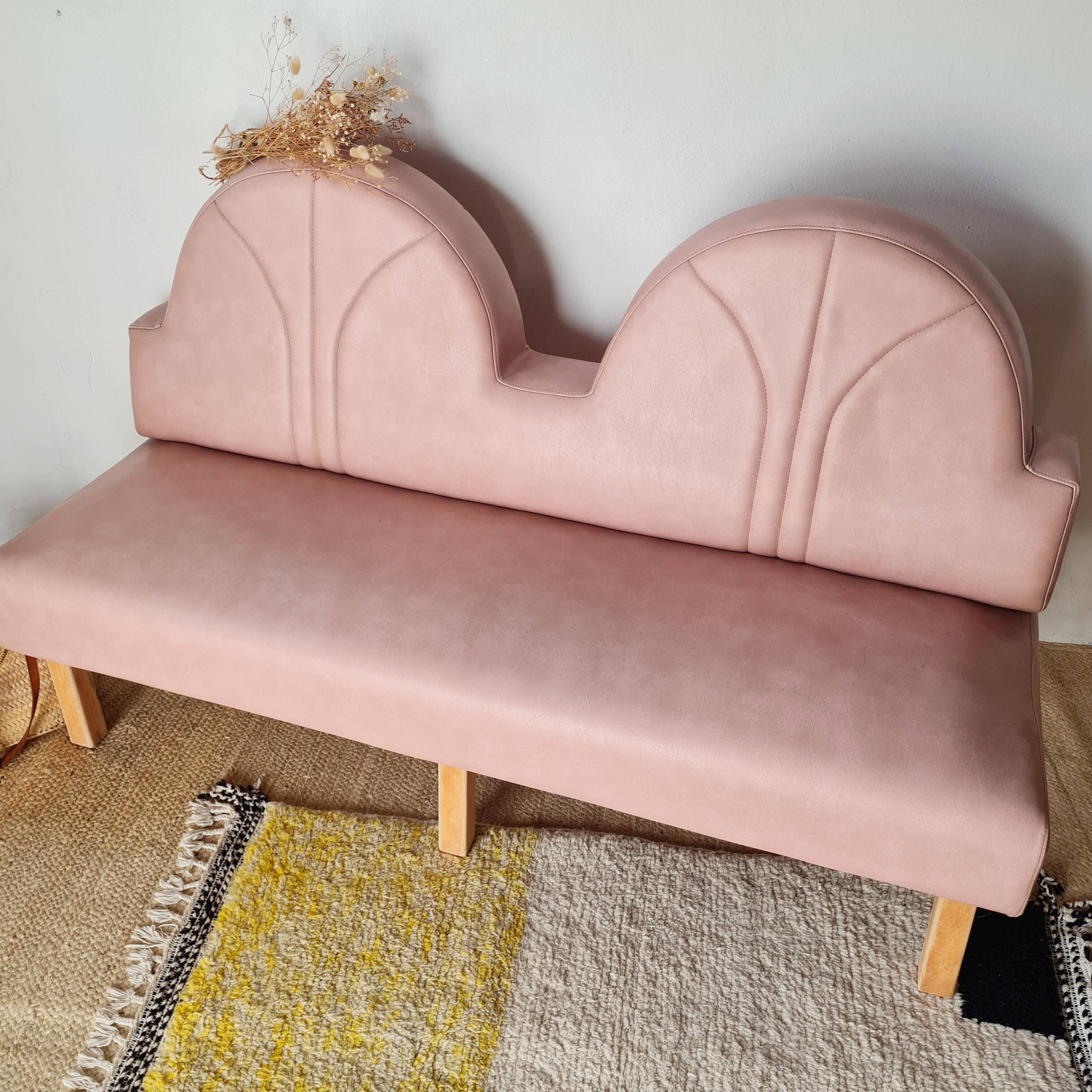 Pink faux leather bistro bench for 3 people