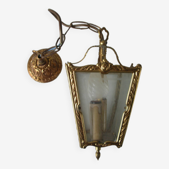 Old 2-light pendant lantern brass alloy chiseled glass rosette decoration hall entrance