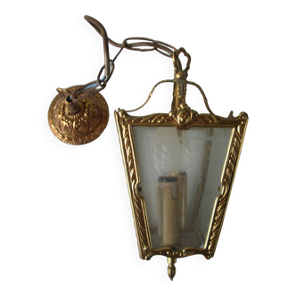 Old 2-light pendant lantern brass alloy chiseled glass rosette decoration hall entrance