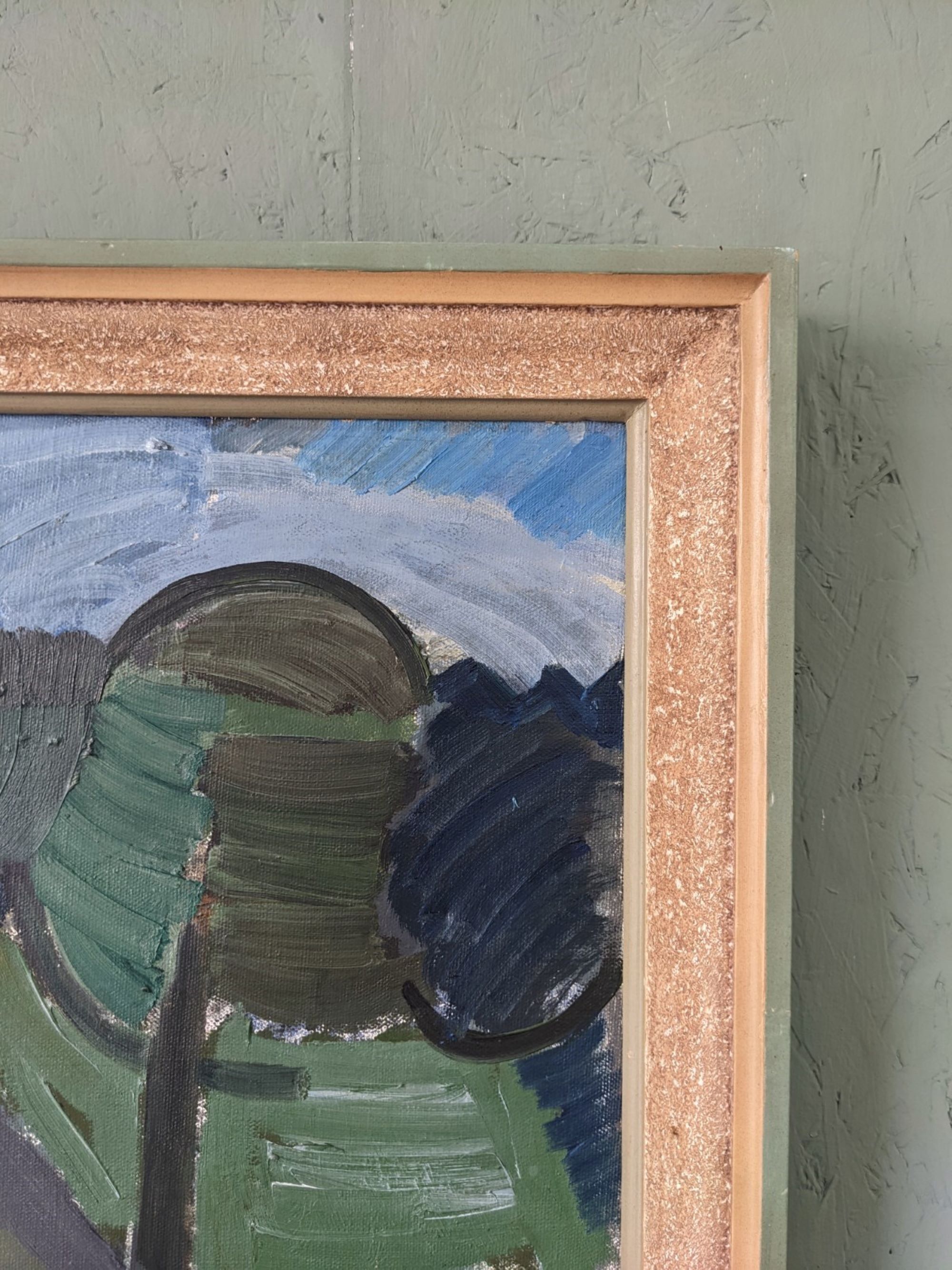 Mid-Century Modern Swedish Oil Painting "Green Park" Vintage Framed Landscape