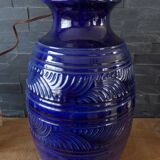 Large blue earthenware lamp base signed ST Clément France Plume 815-2 – Excellent condition