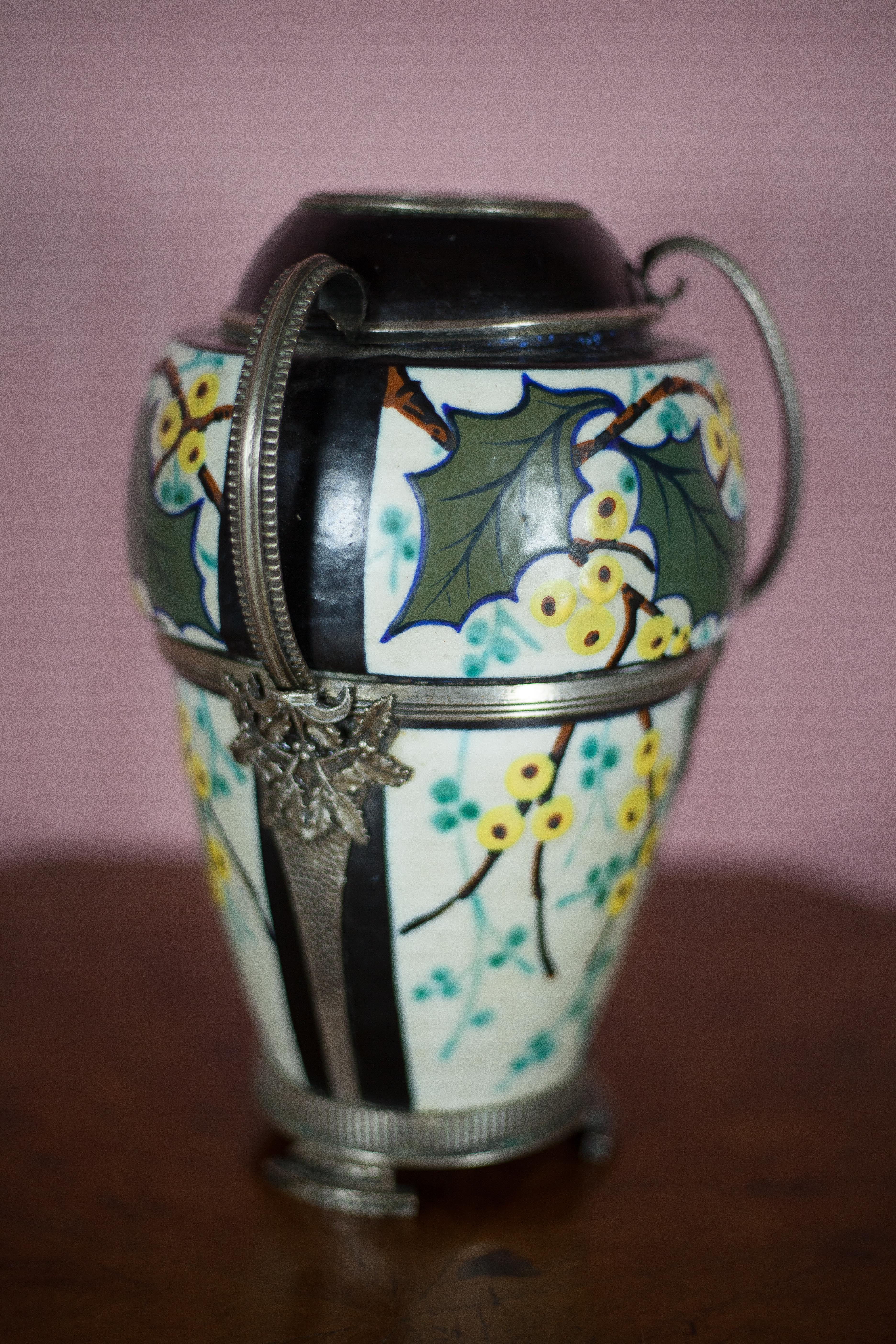 Ceramic vase with silver frame, vase signed by Argyl, Art Nouveau vase, art deco, collection