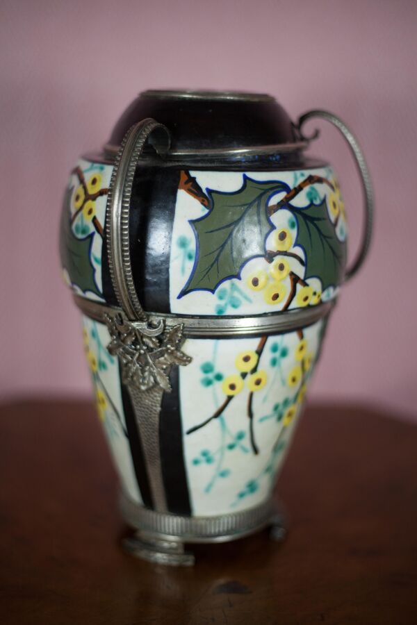 Vase ceramique avec monture argenté vase signé d'Argyl, vase Art nouveau, art déco, collection