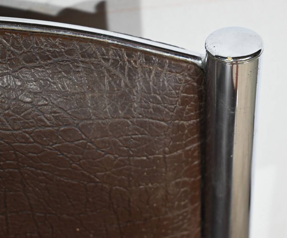 Suite of 3 Leather and Chrome Metal Chairs, attributed to Collomb Creation – 1970