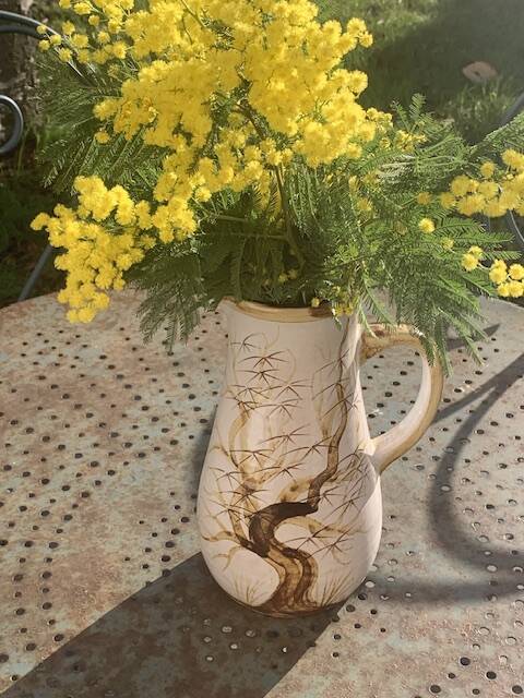 Vase, enameled ceramic jug, chiseled tree motif, west germany vintage 1970, numbered 3047