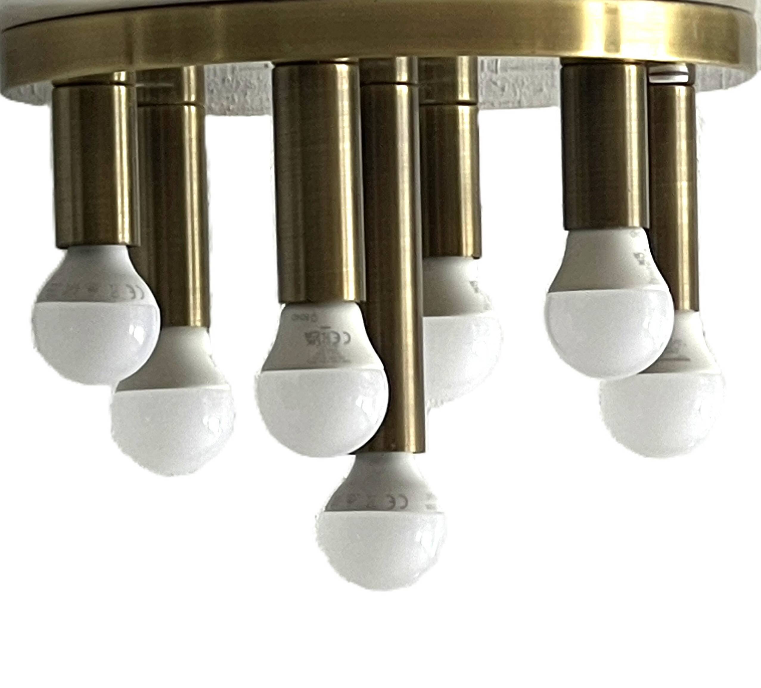 Mid-century ceiling light, brushed brass by Solken Leuchten, 7 lamps.