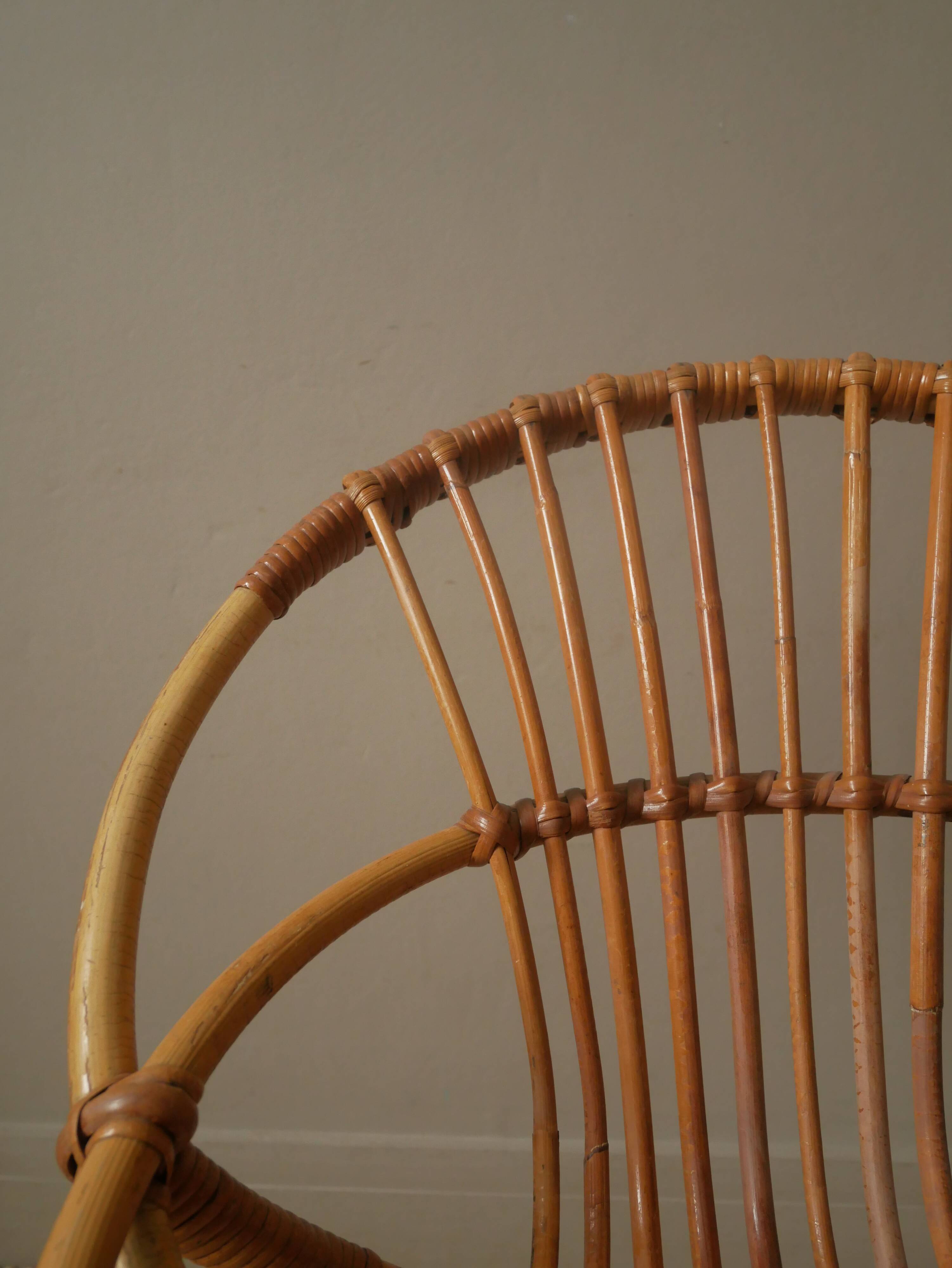 Vintage bamboo wicker rattan armchair Scandinavian decoration child retro chair black metal base