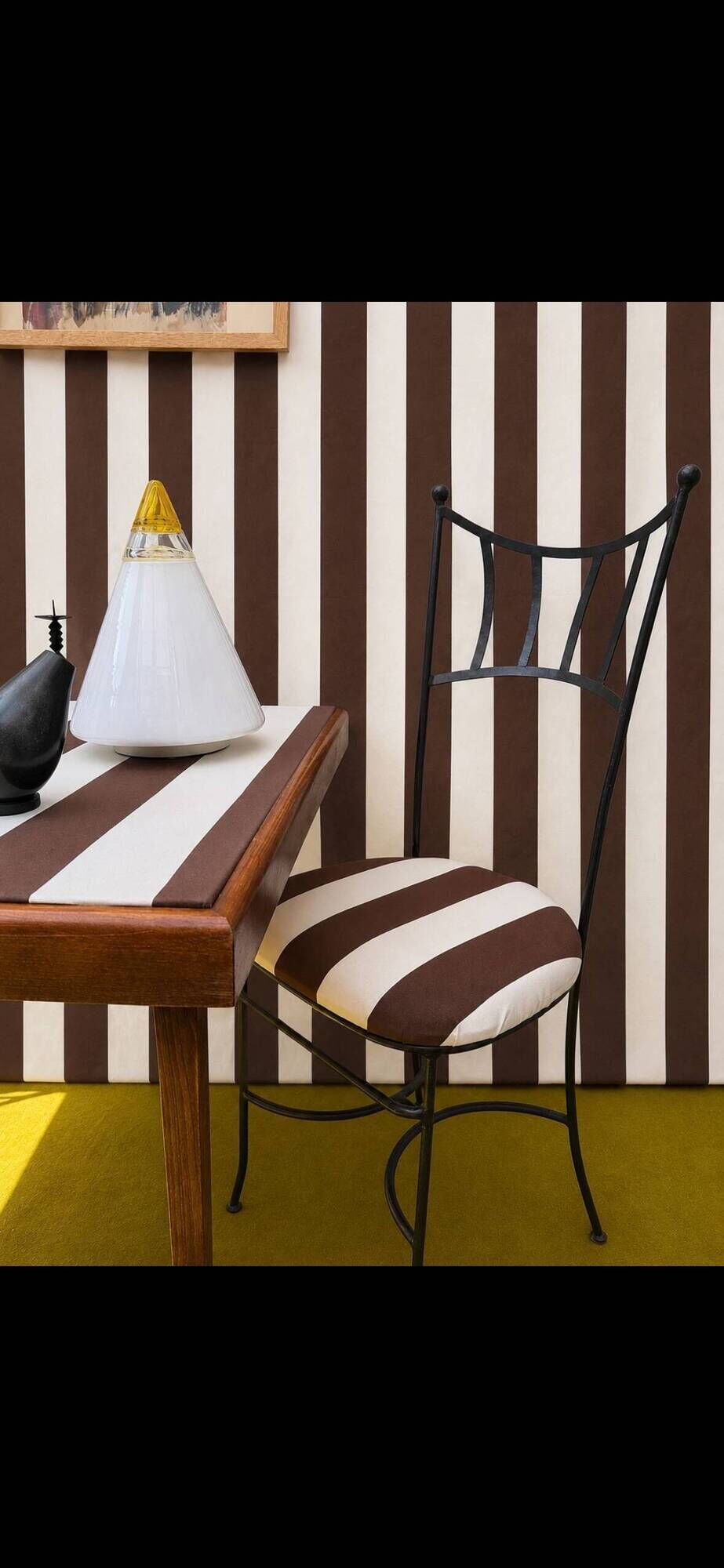 6 wrought iron chairs with deck chair fabric