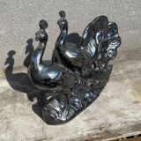 Centerpiece Pair of Peacocks Ceramic Vallauris Iridescent Anthracite Grey