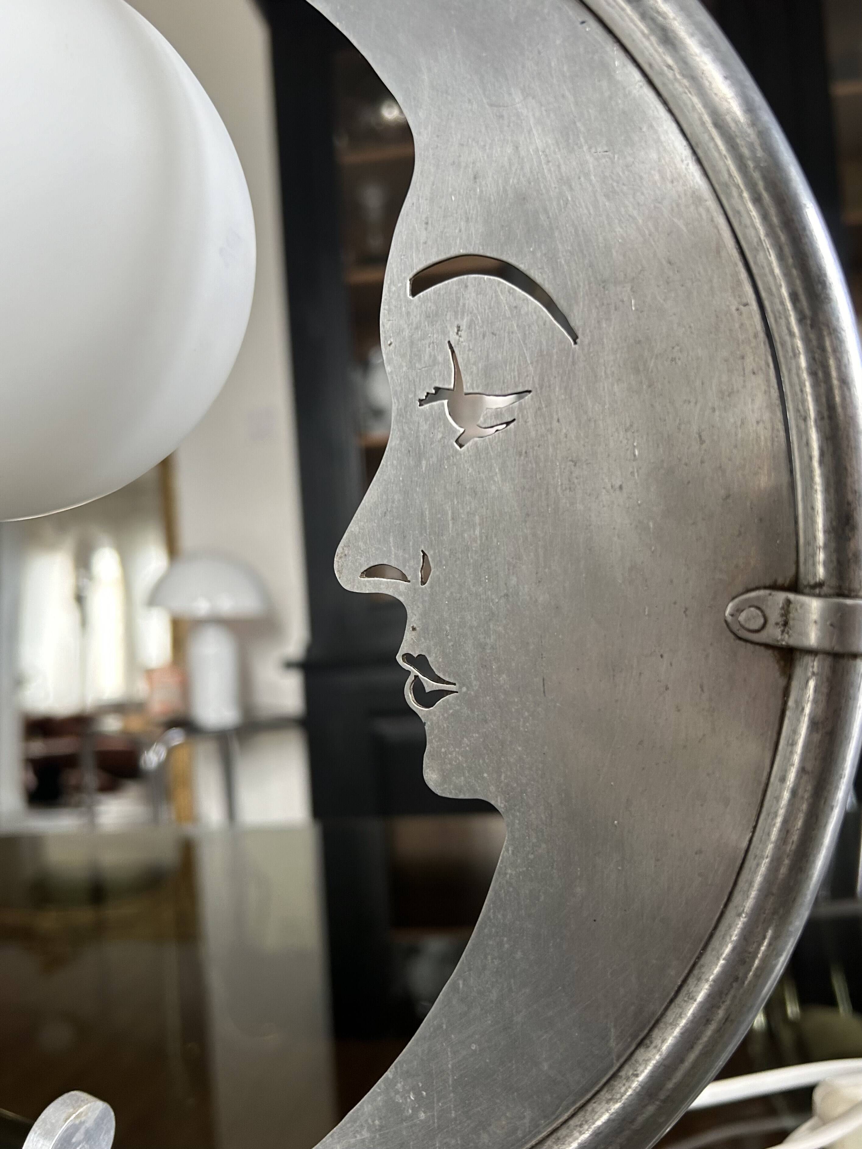 Moon lamp with face in aluminum and white opaline circa 1930