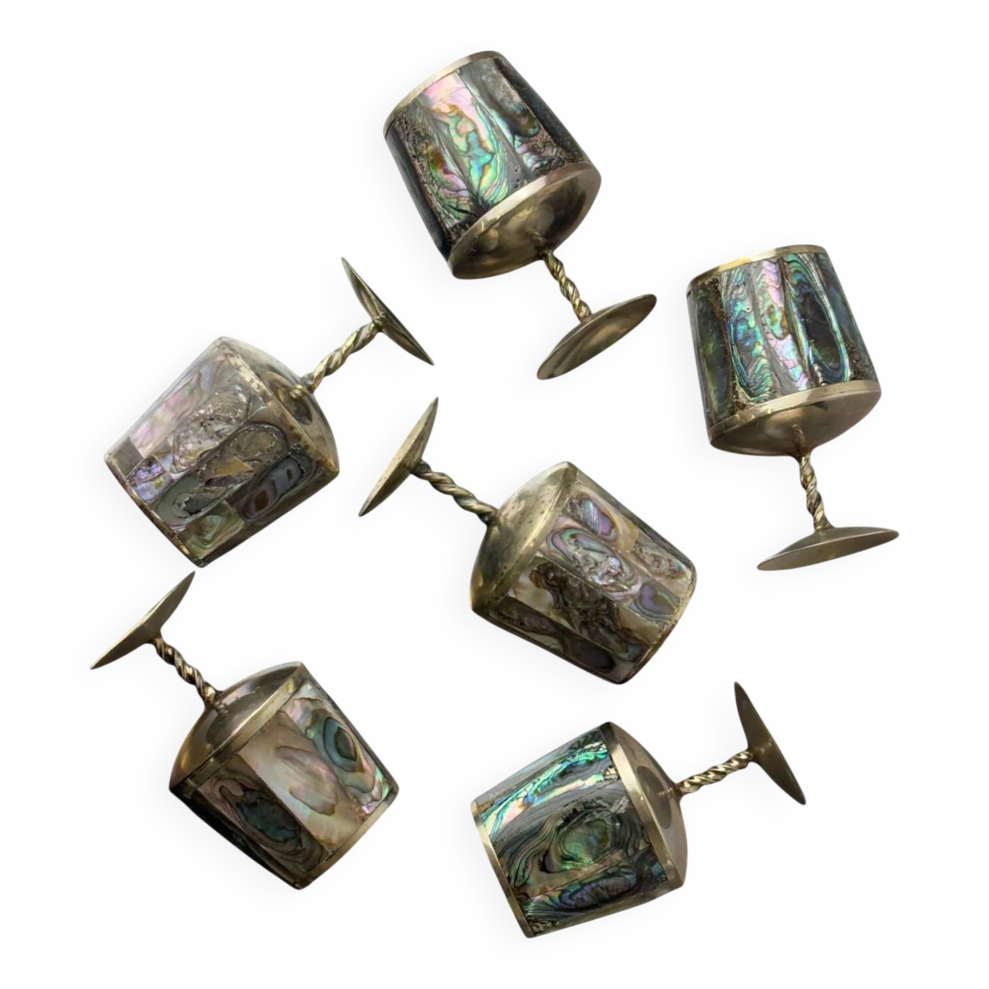 Abalone shell & alpaca shot glasses, set of 6, Mexico, 1970s