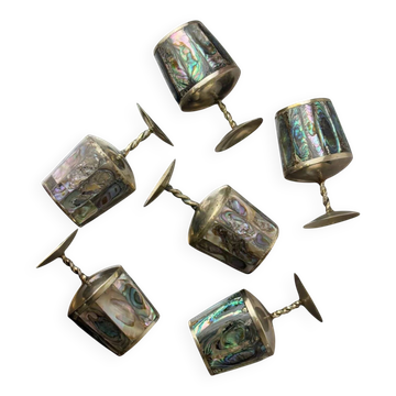 Verres à shot en coquille d'abalone et en alpaga, ensemble de 6, Mexique, années 1970.