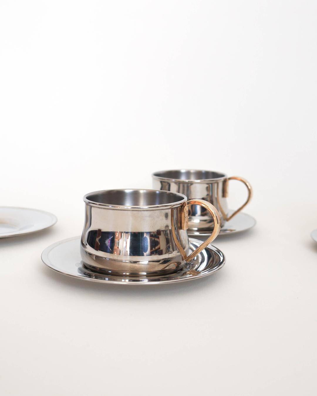 Set of 4 double-walled stainless steel espresso cups and saucer Made in Italy, Design 1970