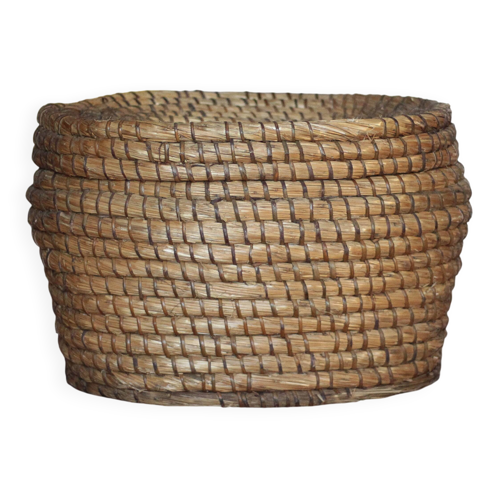 Antique basket, straw and bramble, woven basket with lid