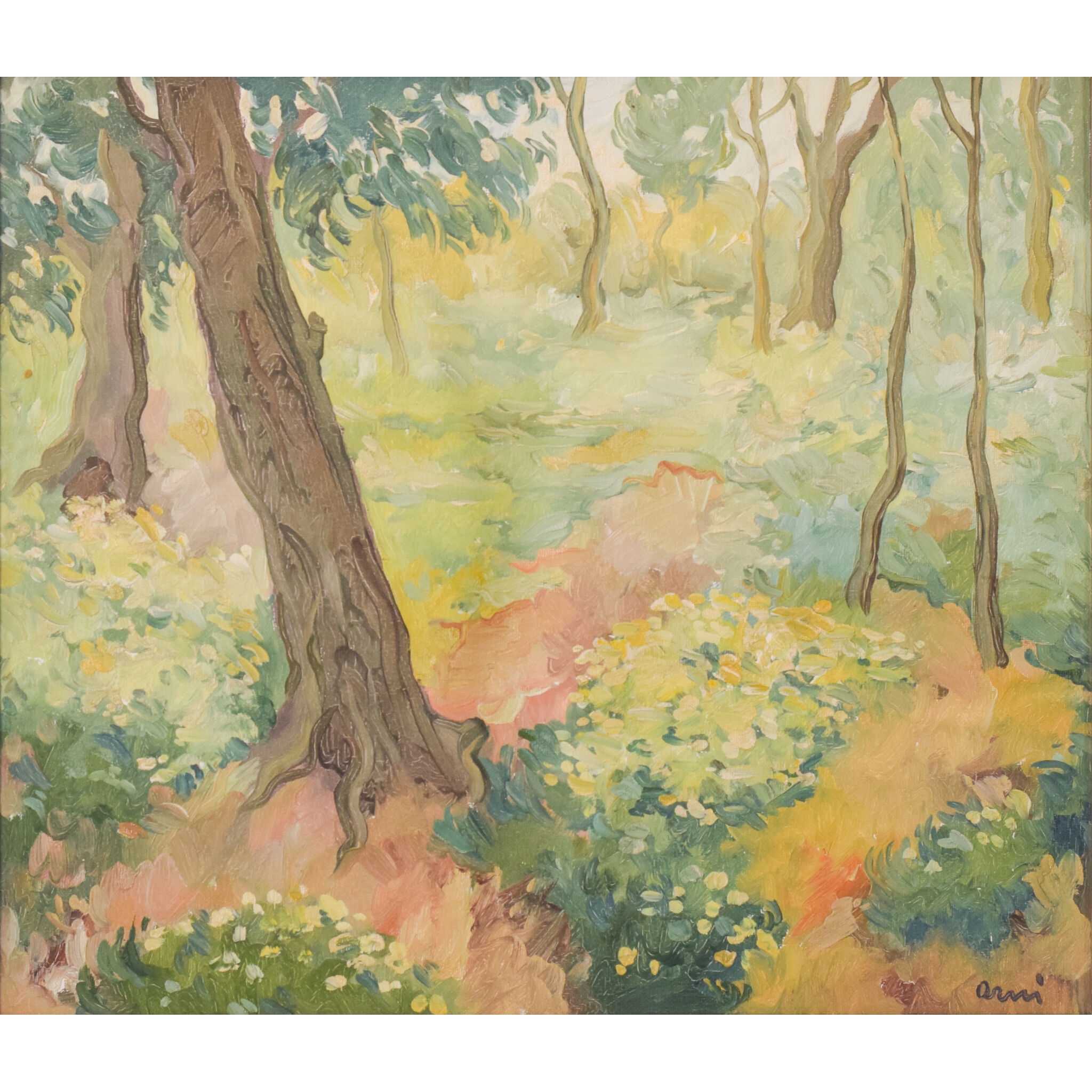 Impressionist wooded landscape with flowers