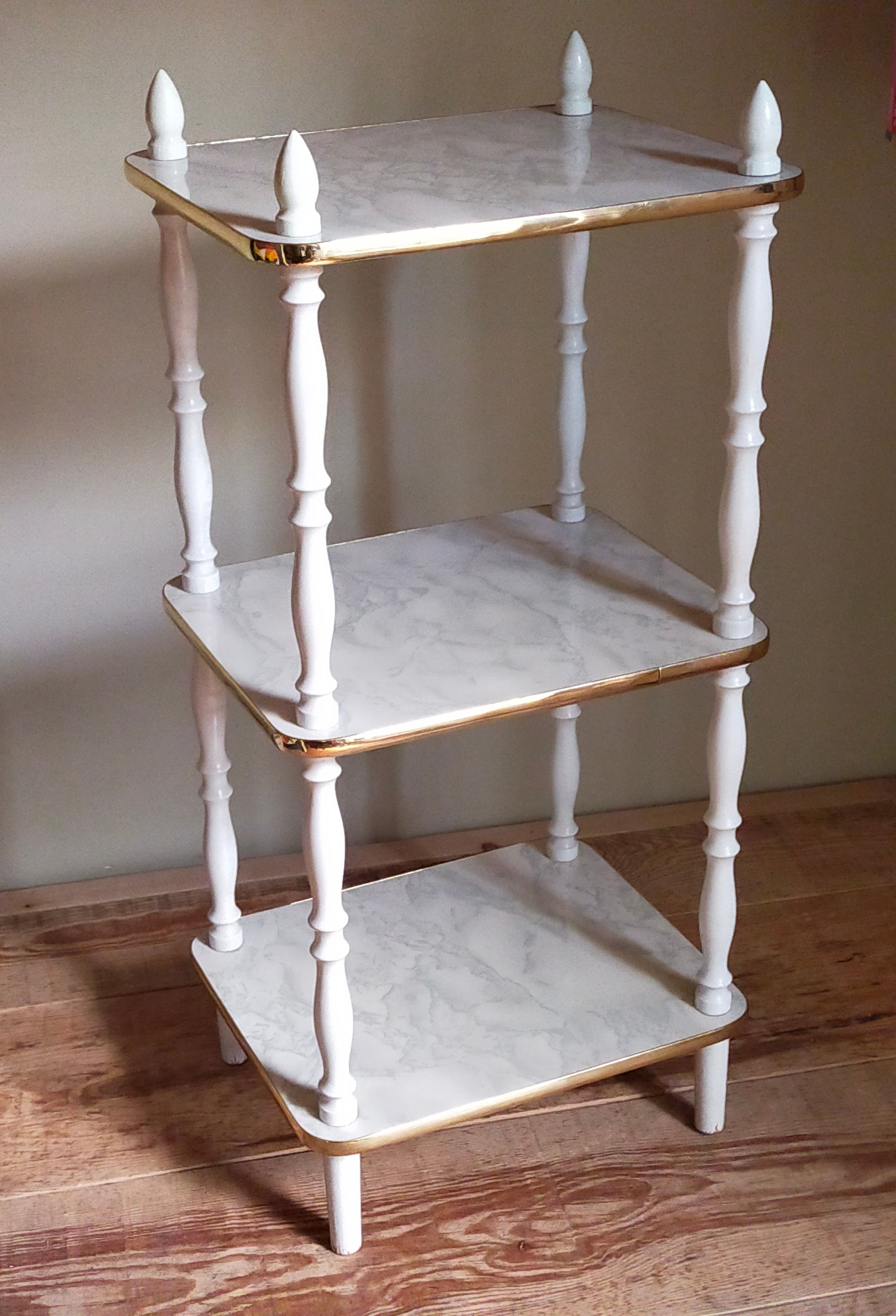 Solid turned wood and formica faux marble shelf to install wood 60s