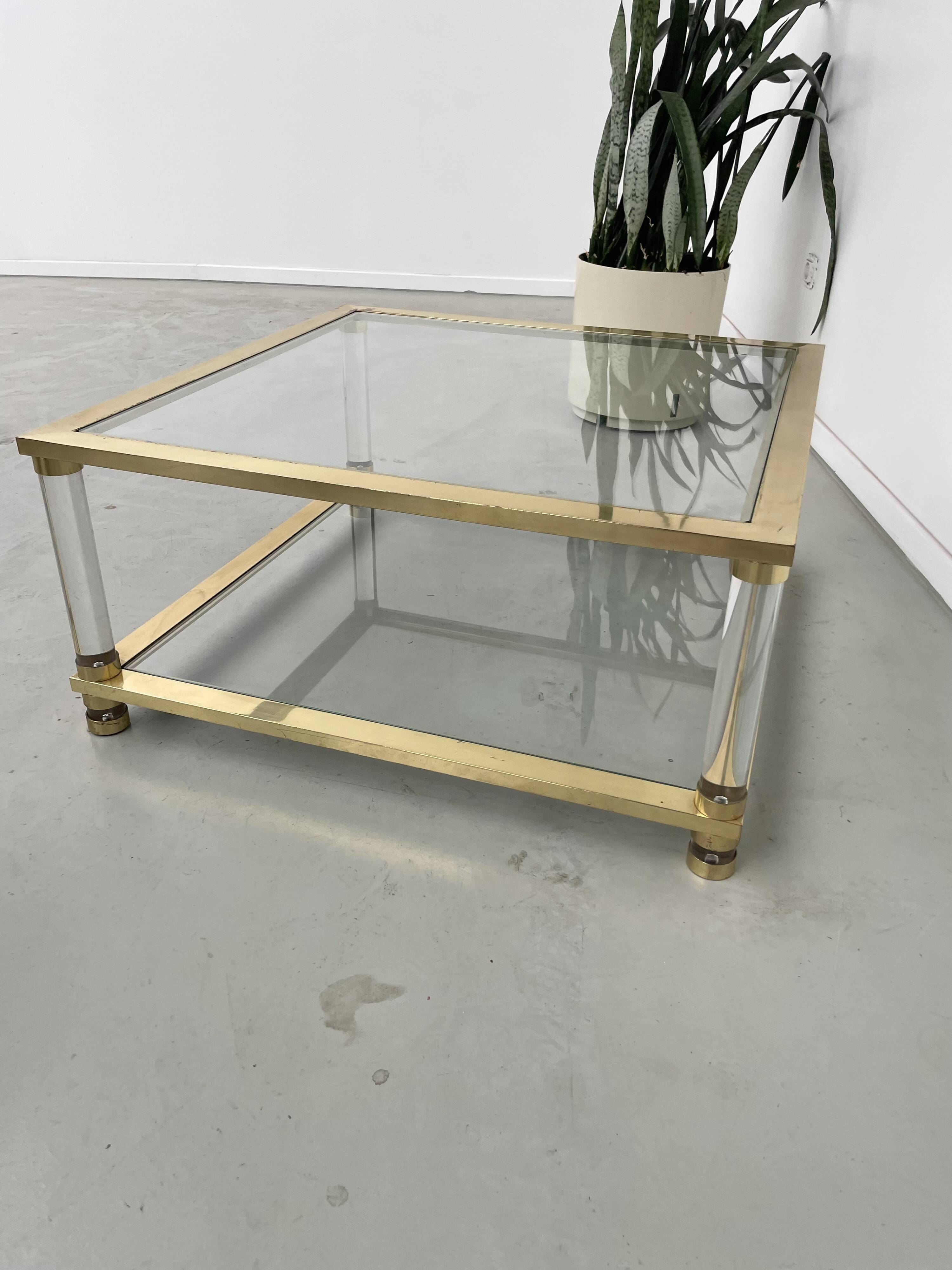1970s lucite, brass and glass coffee table