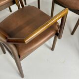 Set of 8 wooden and thick leather armchairs, Girsberger design, 80s