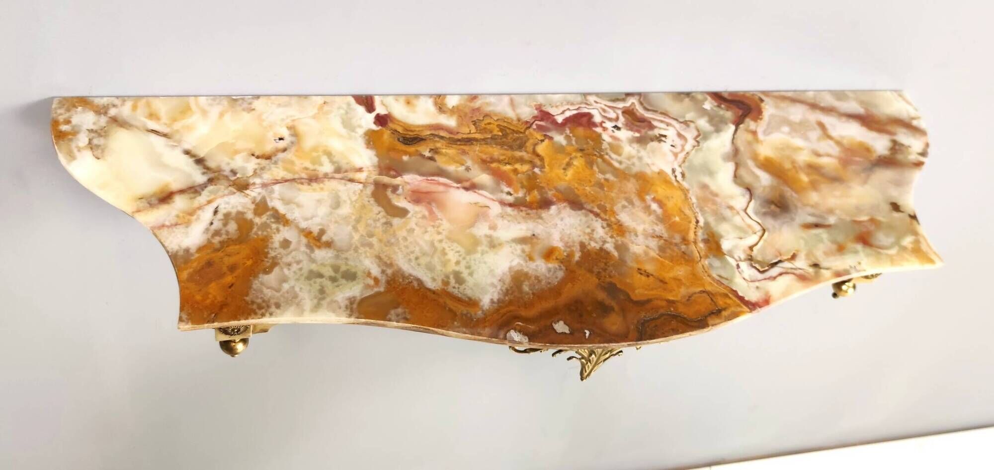 Vintage Wall-Mounted Brass Console Table with Yellow Onyx Top, Italy