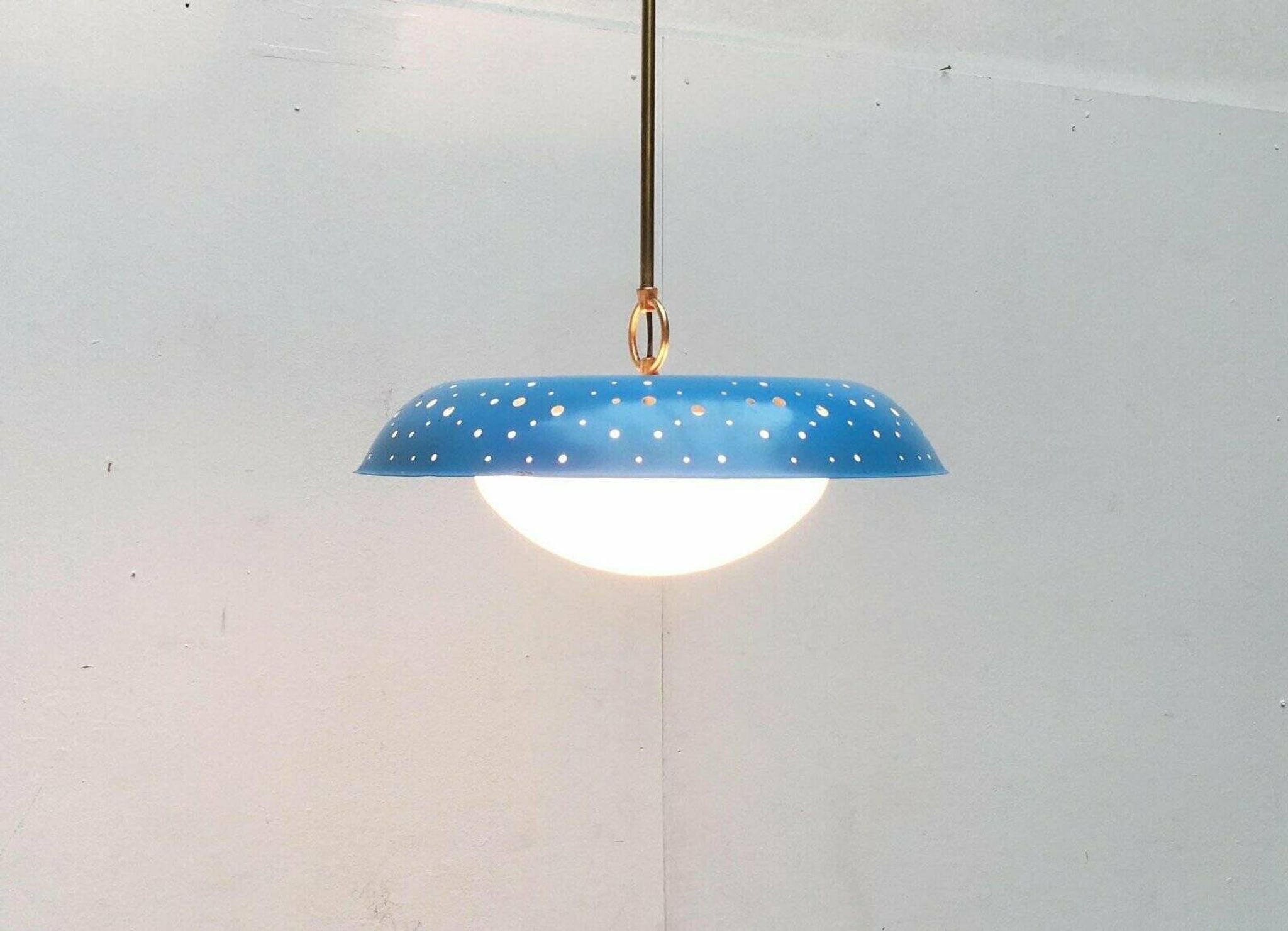 Perforated metal pendant lamp in mid-century style attributed to Ernest Igl for Hillebrand Leuchten, 1960s.