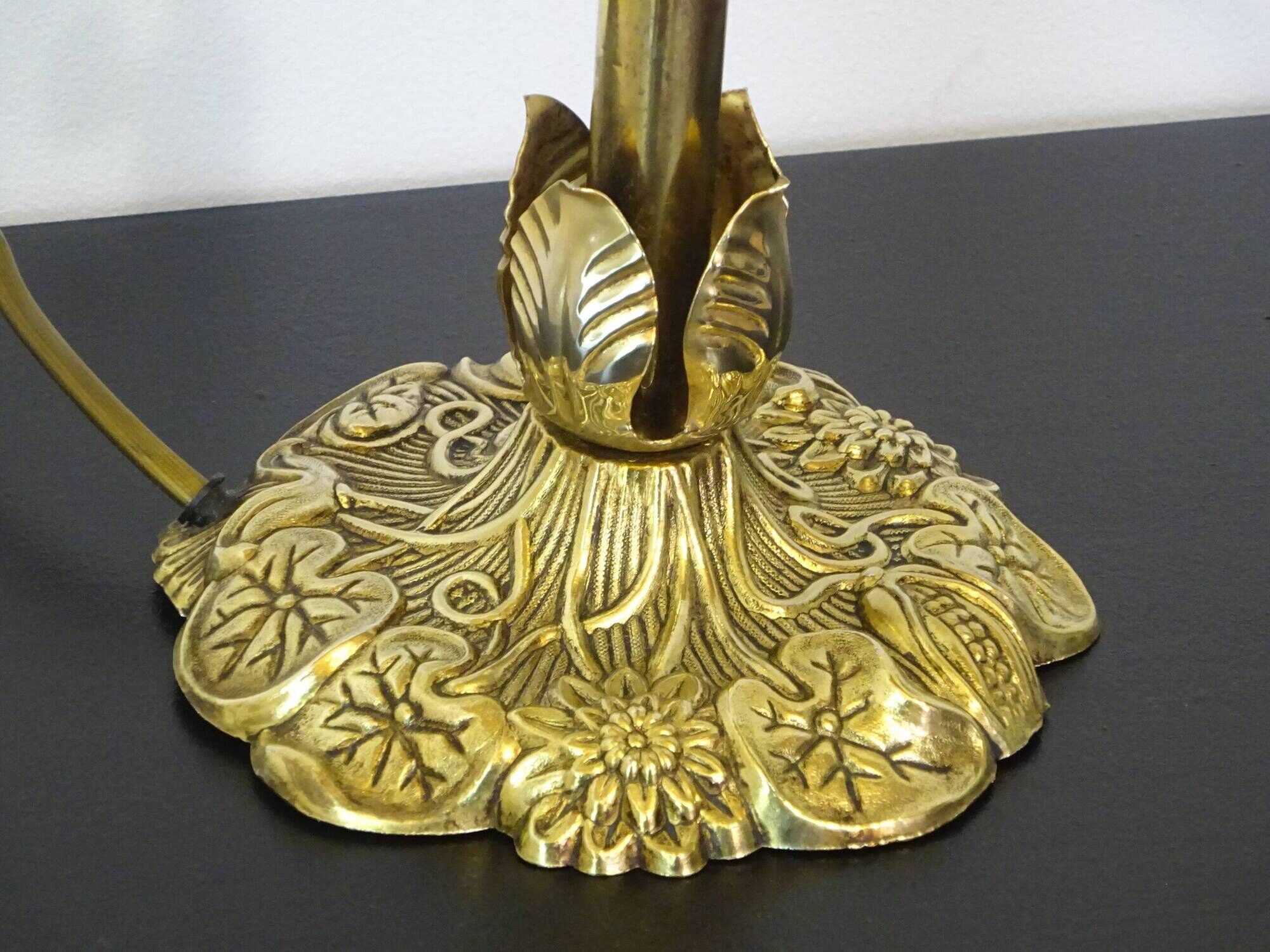 Lampe vintage à col de cygne en bronze doré et soie