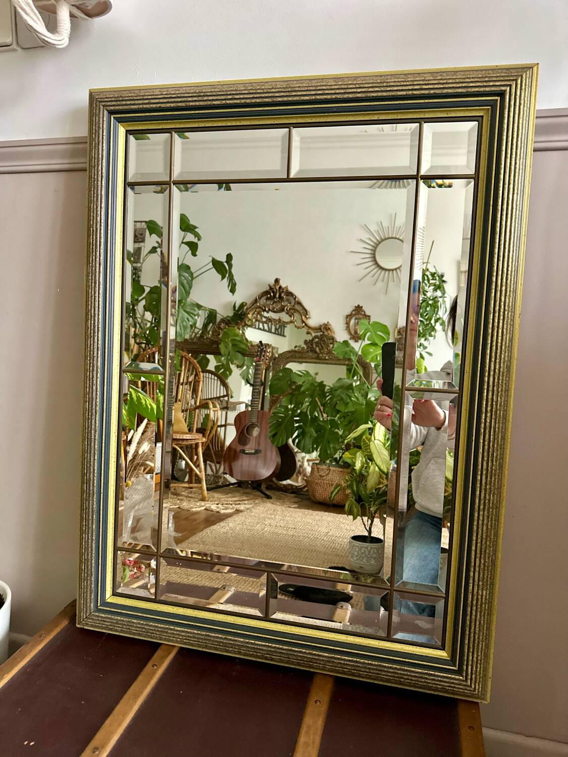 Beveled wooden mirror with glazing beads