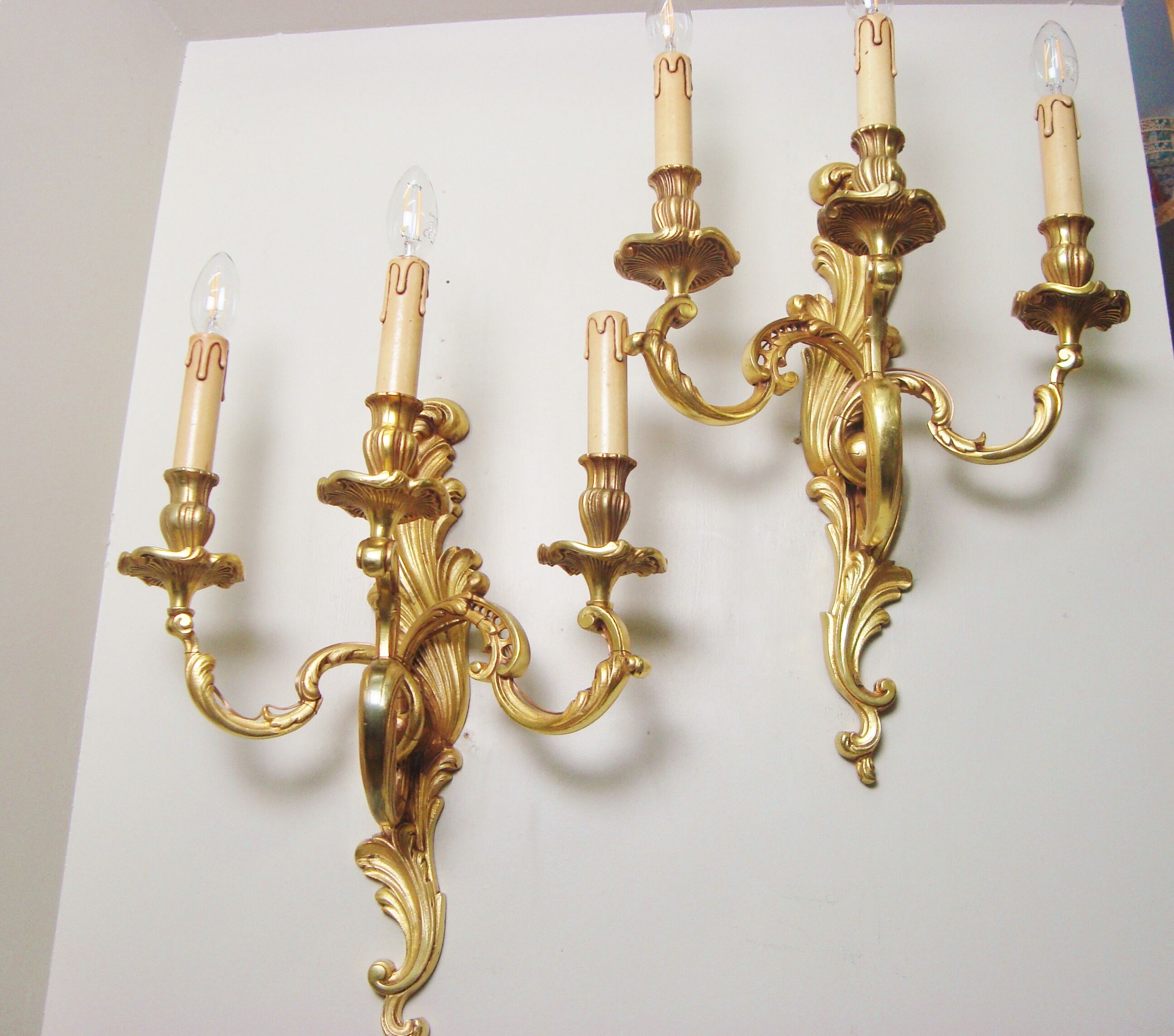 Pair of Lucien Gau bronze wall lamps with three arms Rockery style