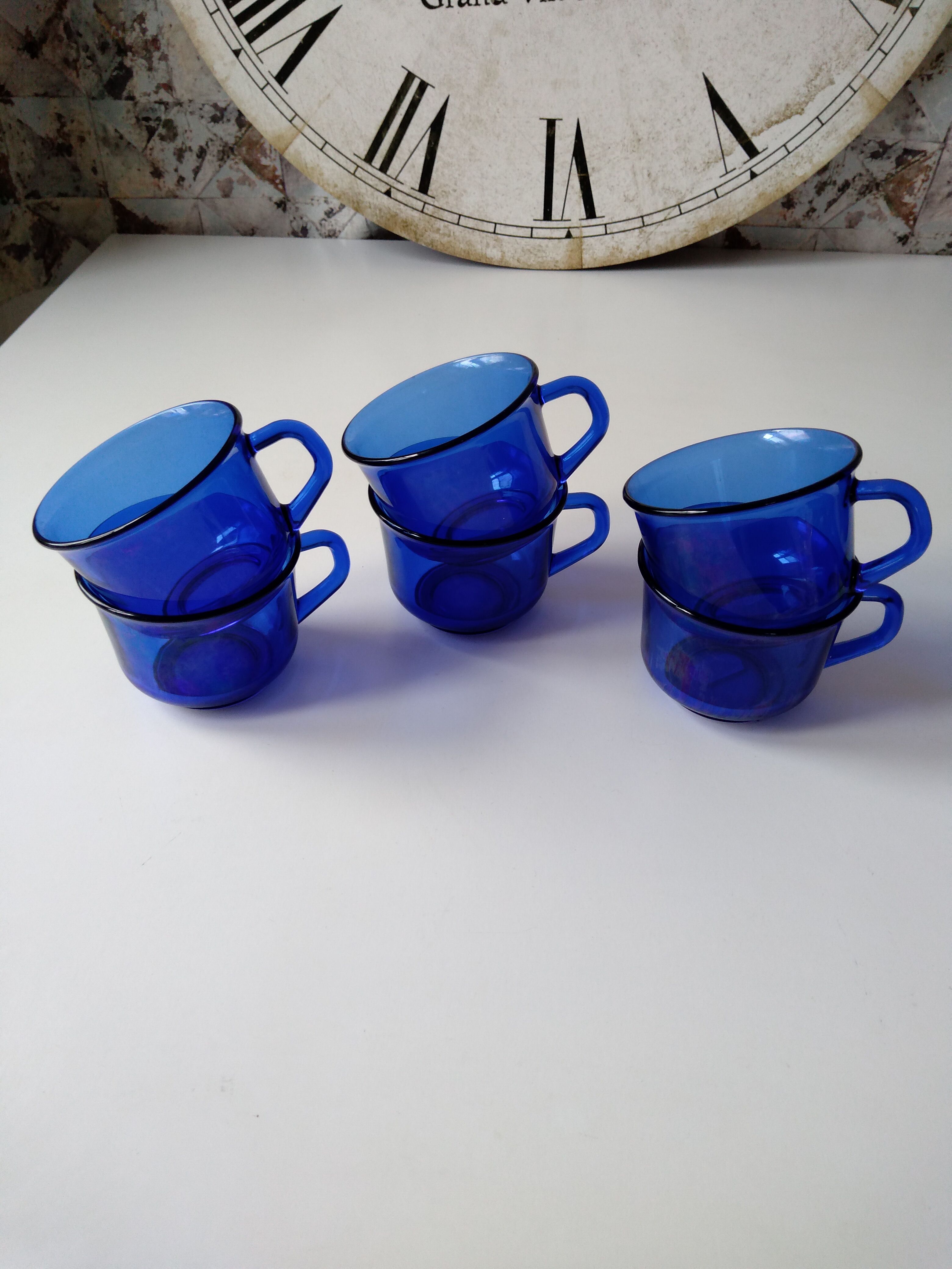 Set of 6 vintage arcoroc transparent Indigo blue glass cups