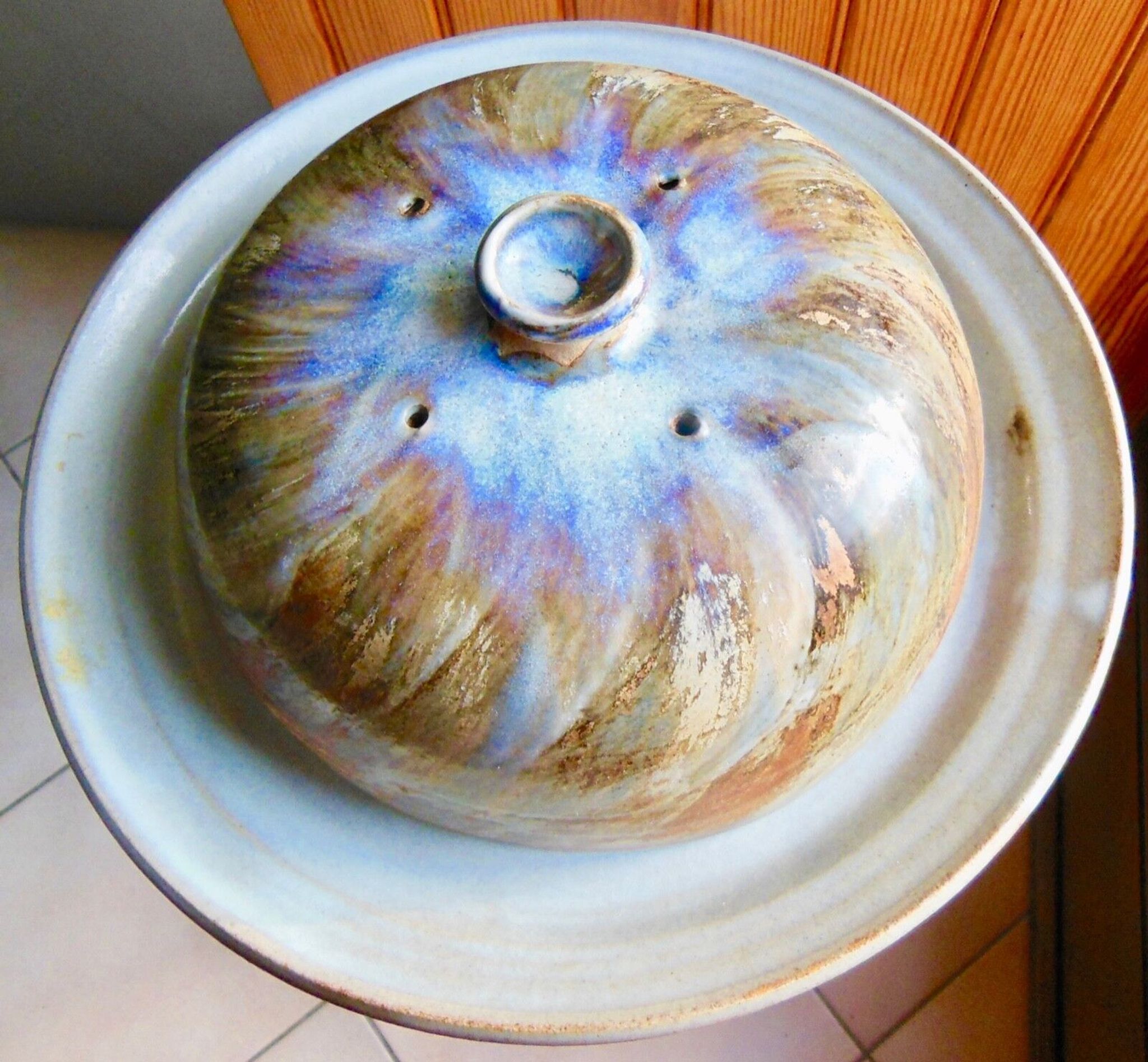 Signature vintage glazed stoneware cheese tray and bell