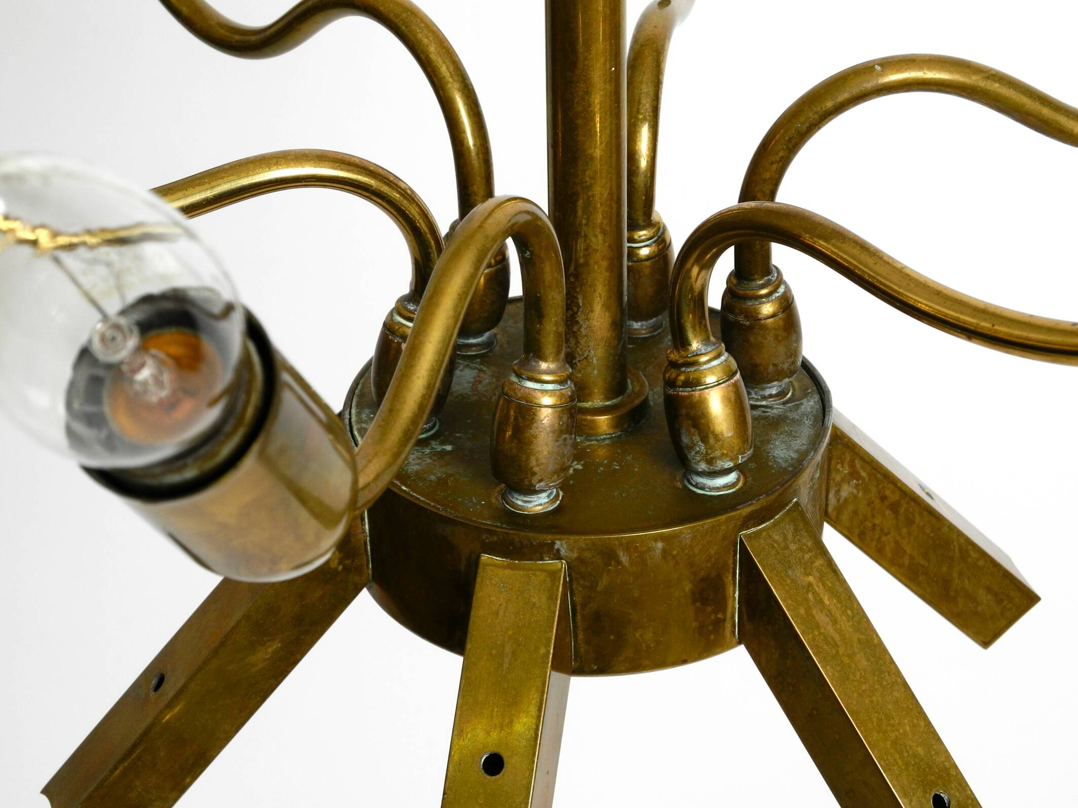 50s brass chandelier with white and transparent Murano glasses Franco Luce