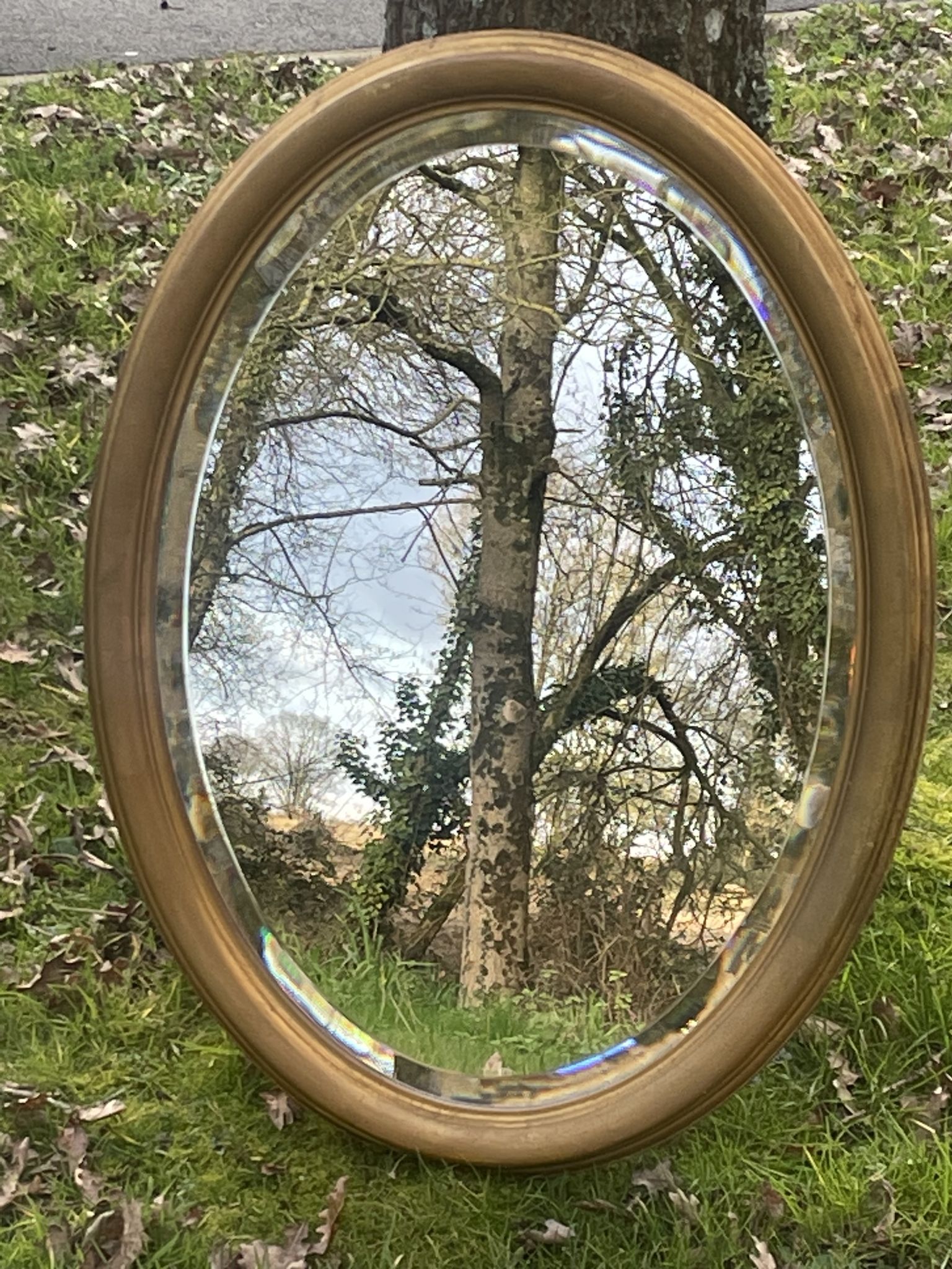 Bevelled golden oval mirror, 79 x 59 cm