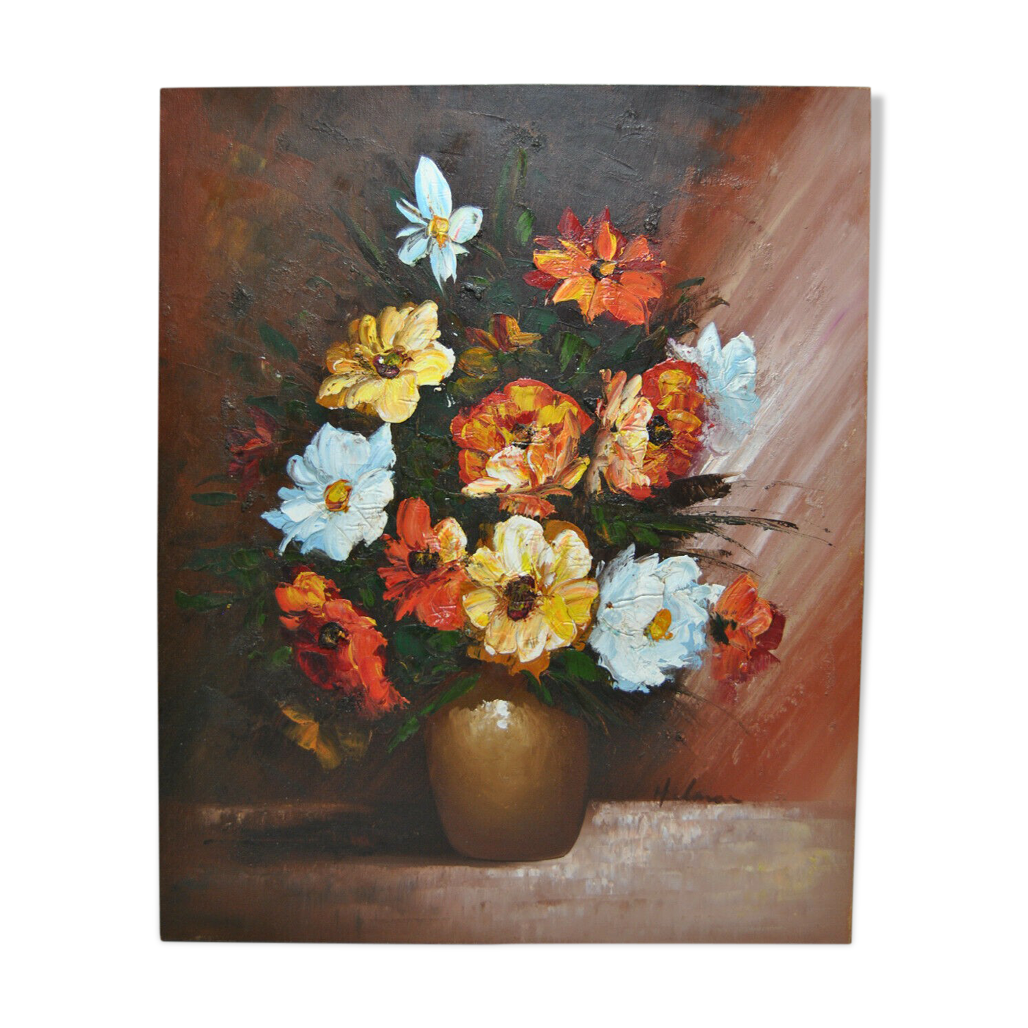 Still life painting with flowery vase bouquet flower signed Hilnan?