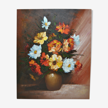 Still life painting with flowery vase bouquet flower signed Hilnan?