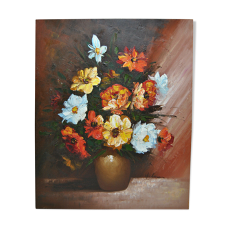 Still life painting with flowery vase bouquet flower signed Hilnan?