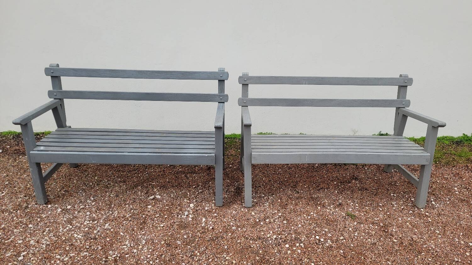 Pair of old wooden park garden benches