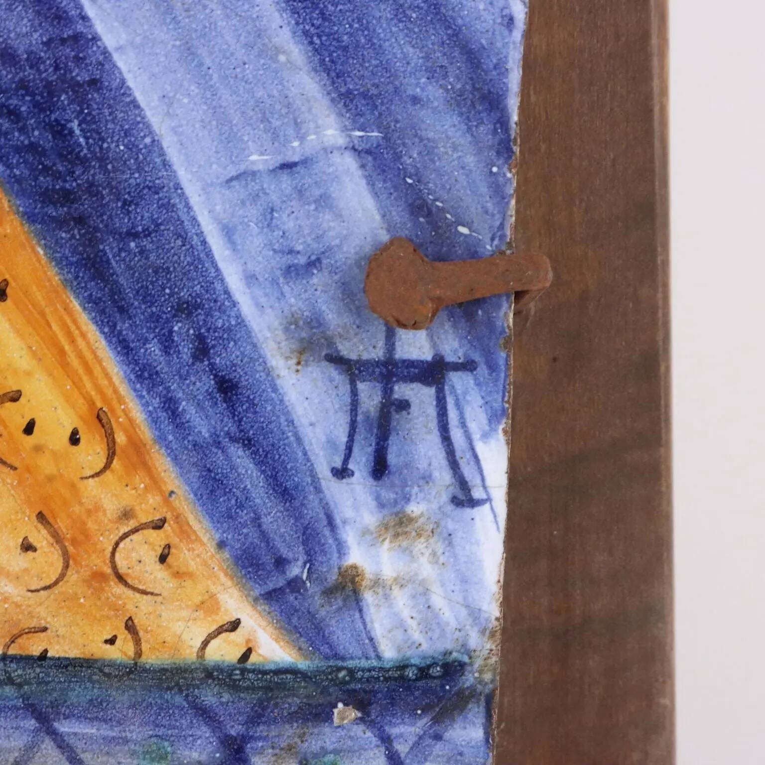 Ancient majolica painting on wood, religious subject, Italy 20th century.