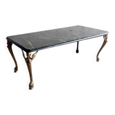 Table basse vintage avec plateau en marbre vert et pieds dorés