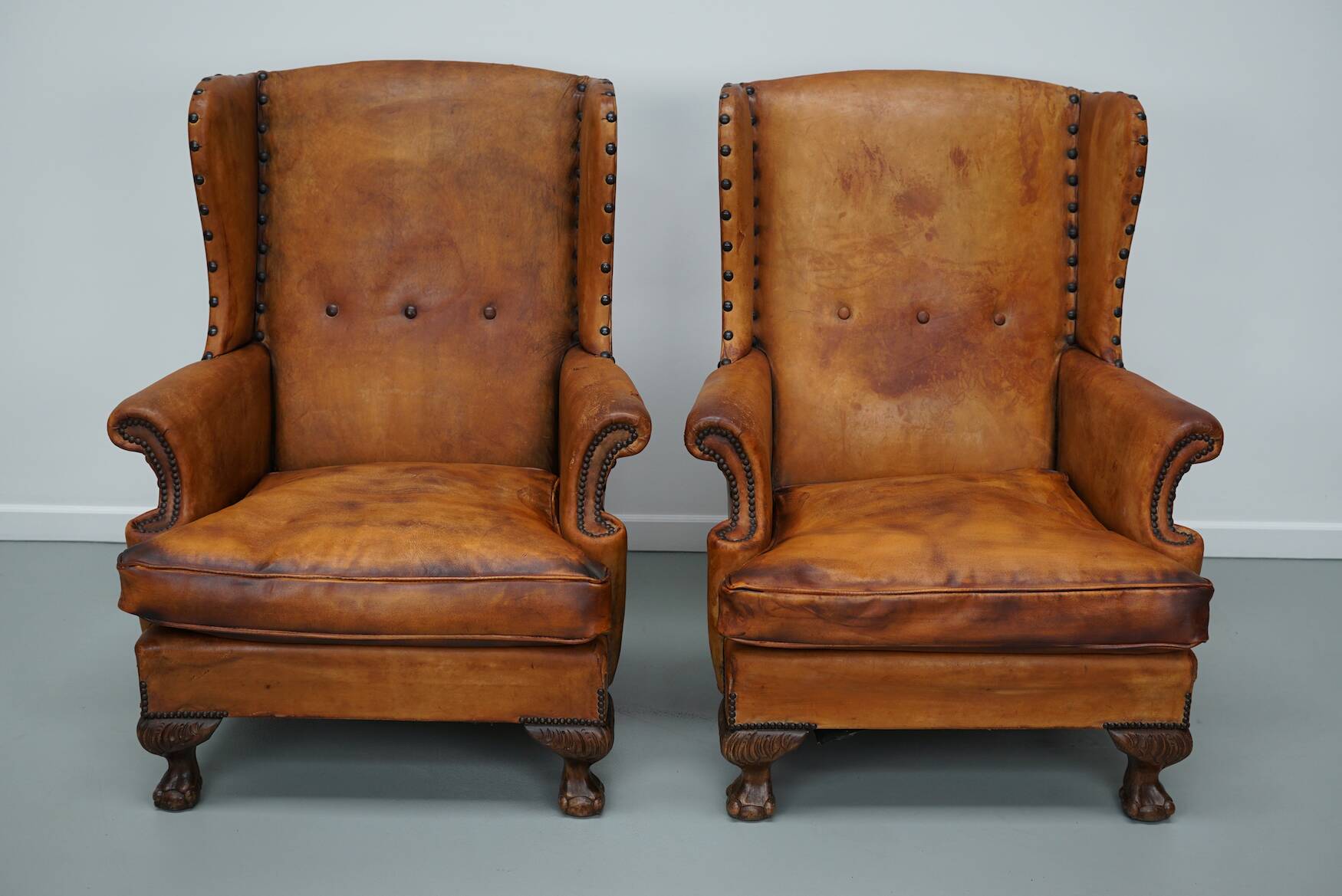 Old Patinated Dutch Cognac Colored Leather Club Chair, Set of 2