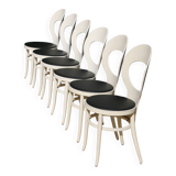 6 baumann chairs, white gull with black faux leather.