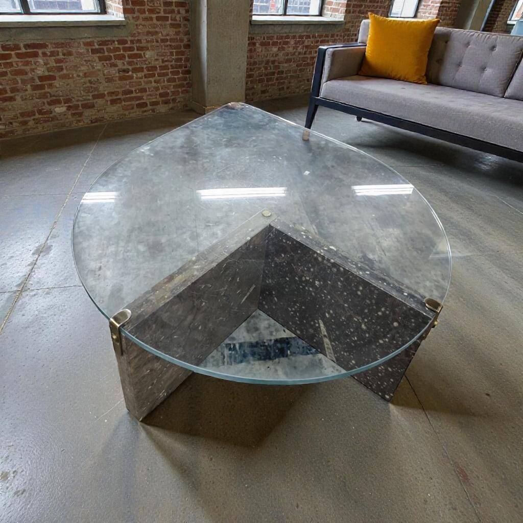 Vintage teardrop-shaped glass coffee table with stone base