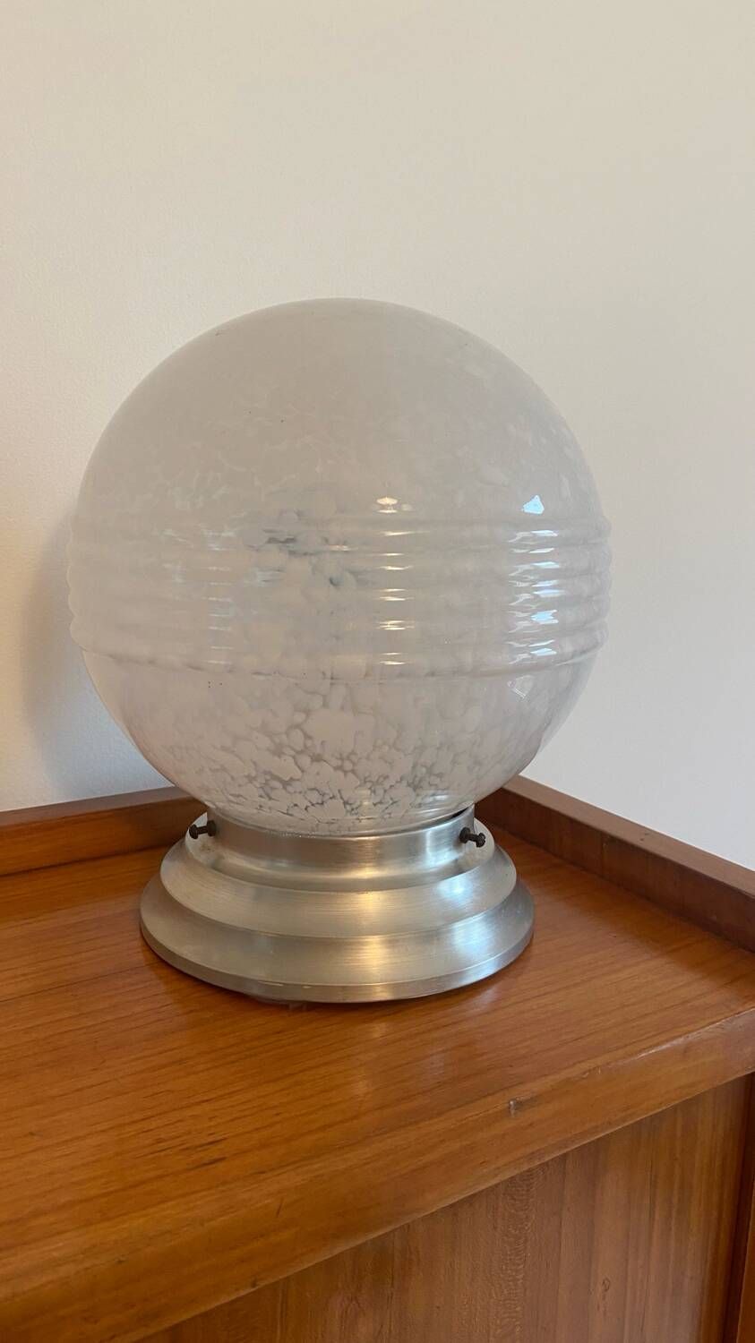 Table ball lamp in Clichy glass and Art Deco aluminum base