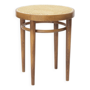 Tabouret en bois cintré vintage avec assise en cannage viennois, années 1950-1960, en hêtre et rotin.